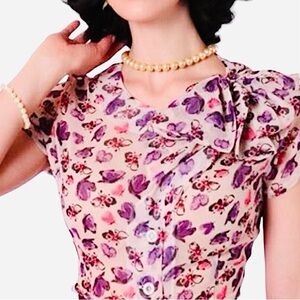 Bettie Page Large Purple Pink Butterfly Print Bowknot Neck Button Up Blouse